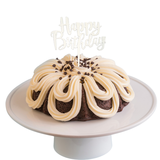 8" Big Bundt Cakes | Double Chocolate w/ "HAPPY BIRTHDAY" Silver Cake Topper & Candle Holder