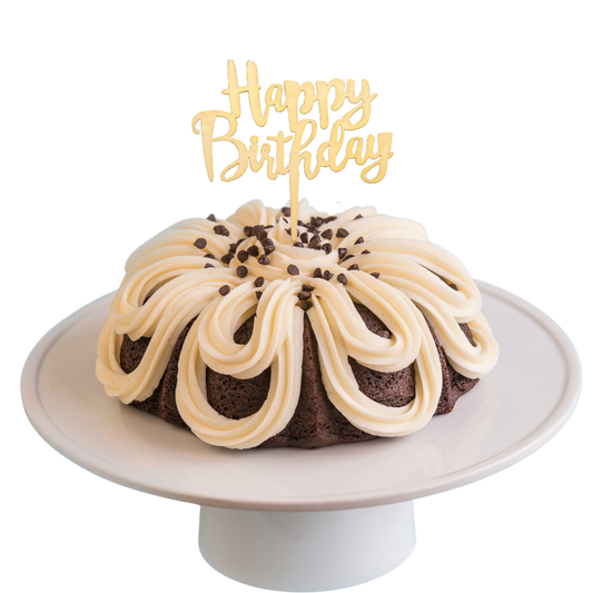 8" Big Bundt Cakes | Double Chocolate w/ "HAPPY BIRTHDAY" Gold Cake Topper & Candle Holder