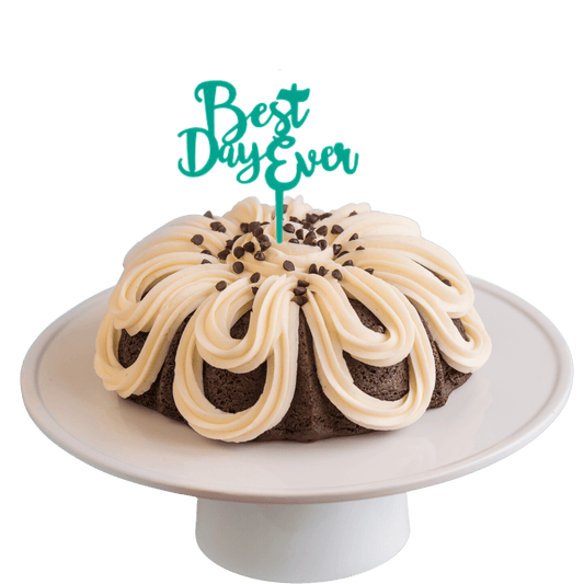 8" Big Bundt Cakes | Double Chocolate w/ Teal "BEST DAY EVER" Candle Holder & Cake Topper