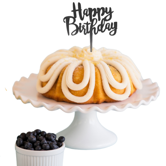 8" Big Bundt Cakes | Lemon Blueberry w/ "HAPPY BIRTHDAY" Black Cake Topper & Candle Holder