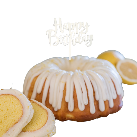 8" Big Bundt Cakes | Lemon Blueberry w/ "HAPPY BIRTHDAY" Silver Cake Topper & Candle Holder
