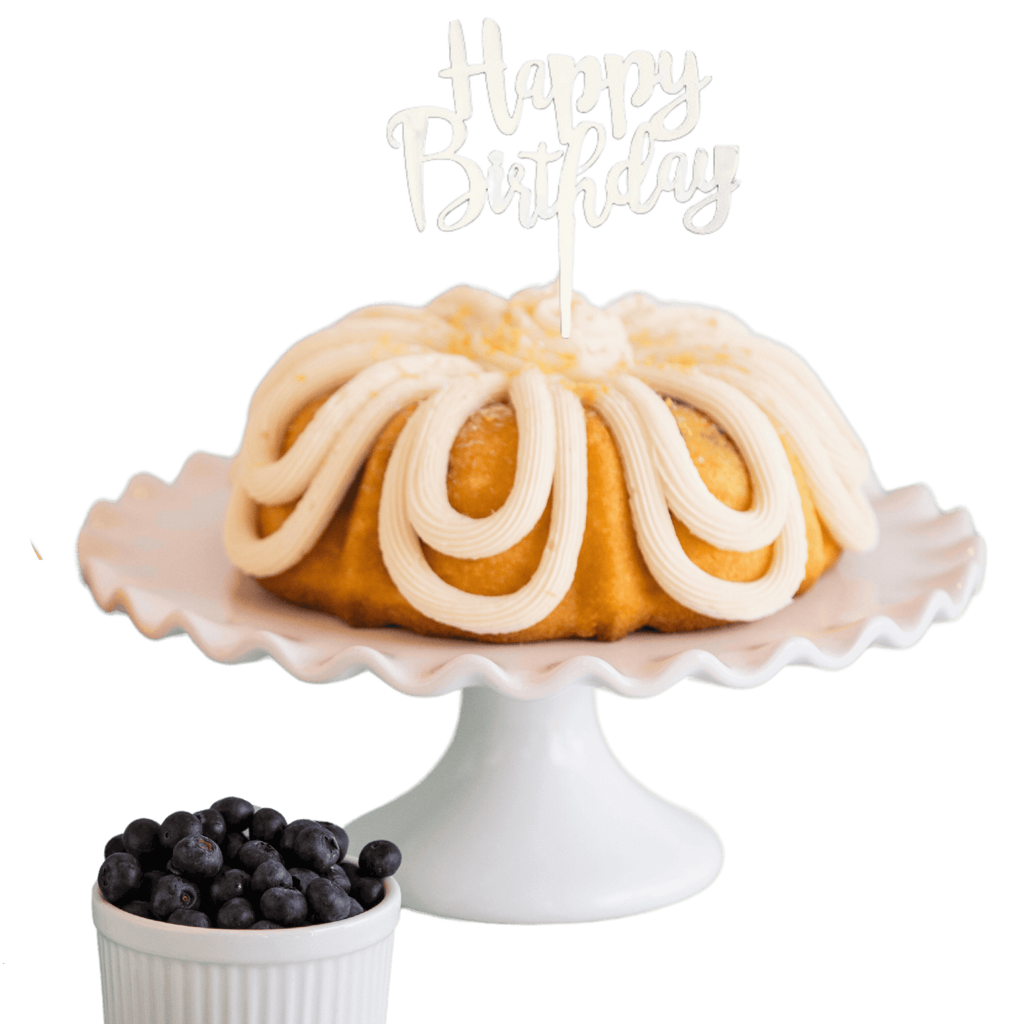 Lemon Blueberry Silver "HAPPY BIRTHDAY" Cake Topper & Candle Holder Bundt Cake