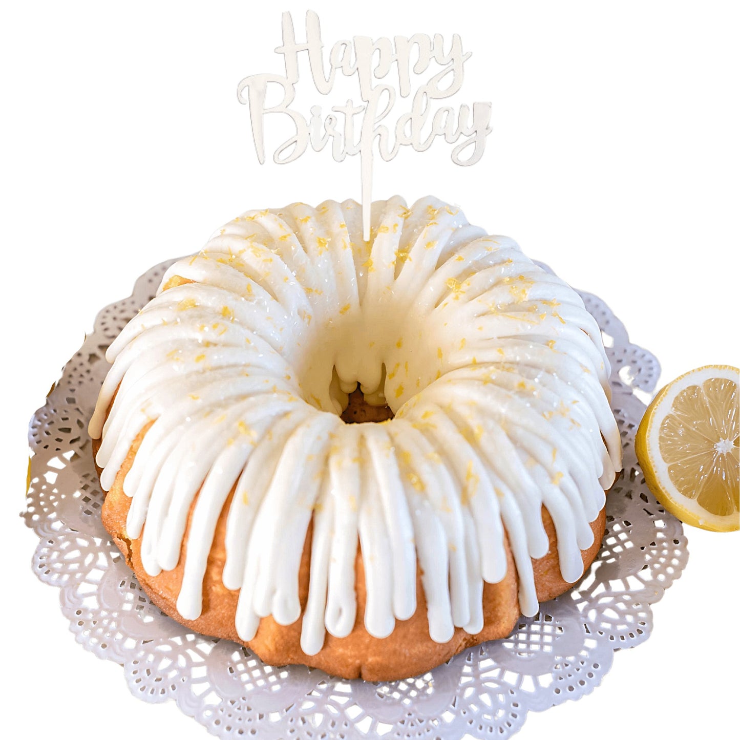 Lemon Blueberry Silver "HAPPY BIRTHDAY" Cake Topper & Candle Holder Bundt Cake