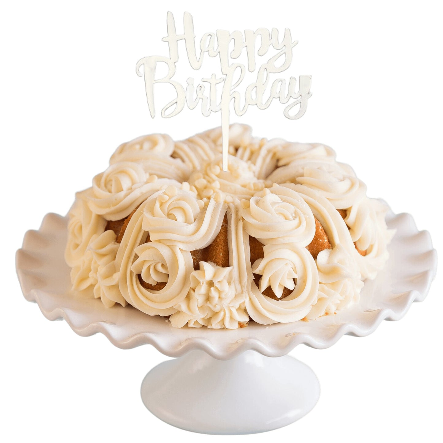 Raspberry Truffle Silver "HAPPY BIRTHDAY" Cake Topper & Candle Holder Bundt Cake