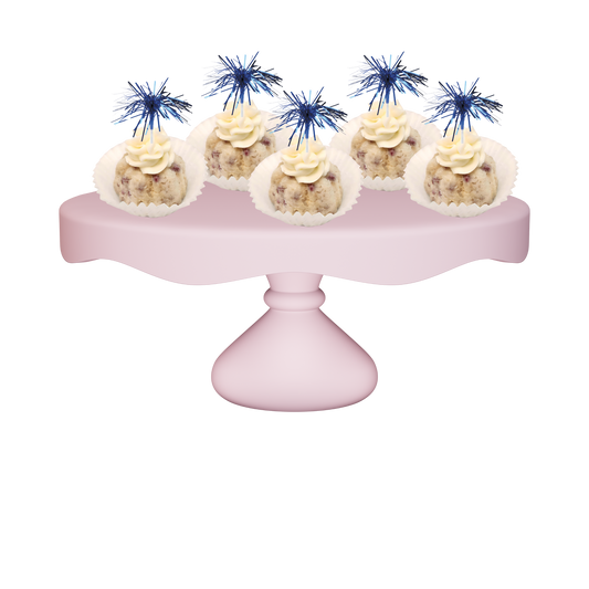 Bitty Bundts | One Dozen Bitty Bundts Raspberry Truffle w/ Blue Spray Mylar Cake Topper