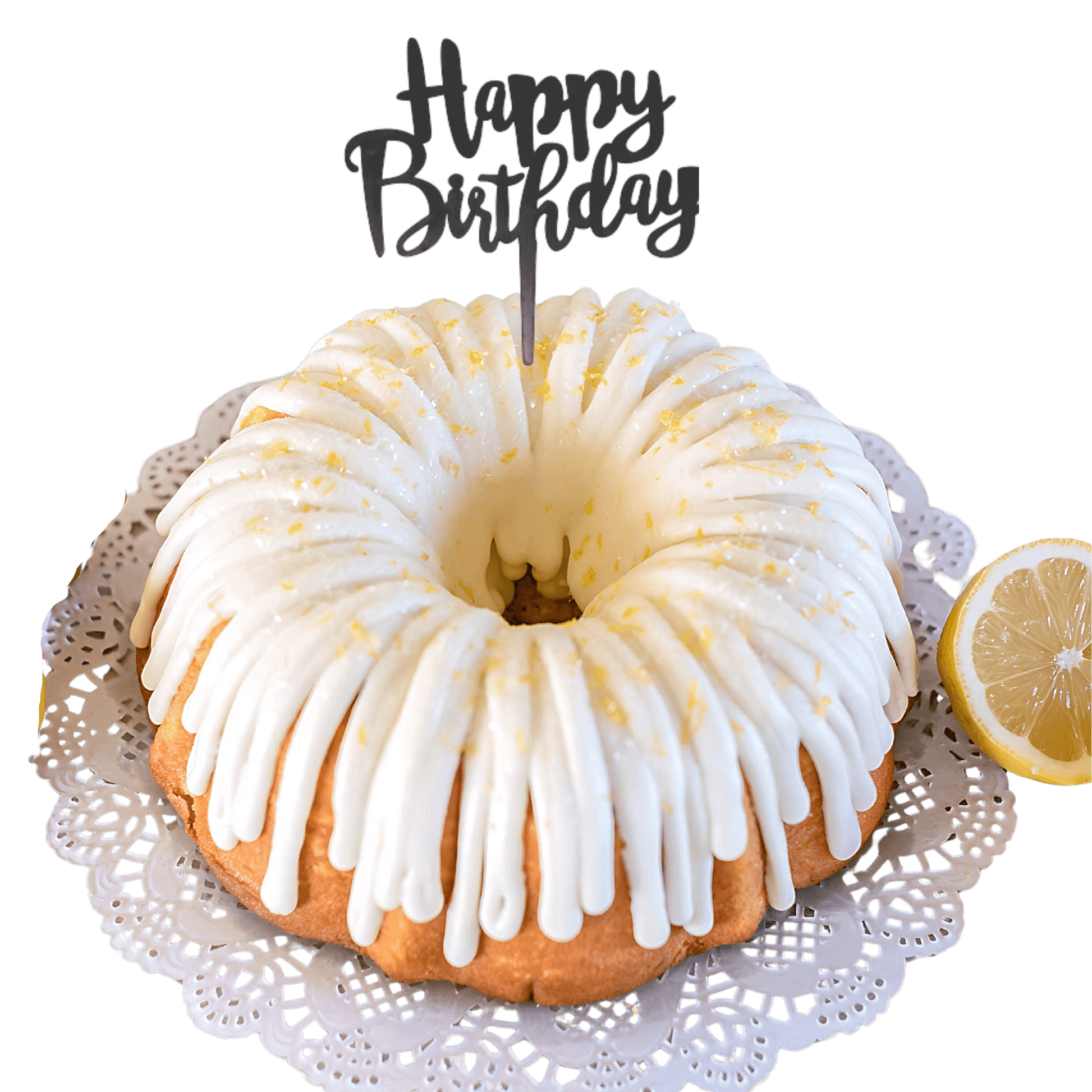 Lemon Squeeze Black "HAPPY BIRTHDAY" Cake Topper & Candle Holder Bundt Cake