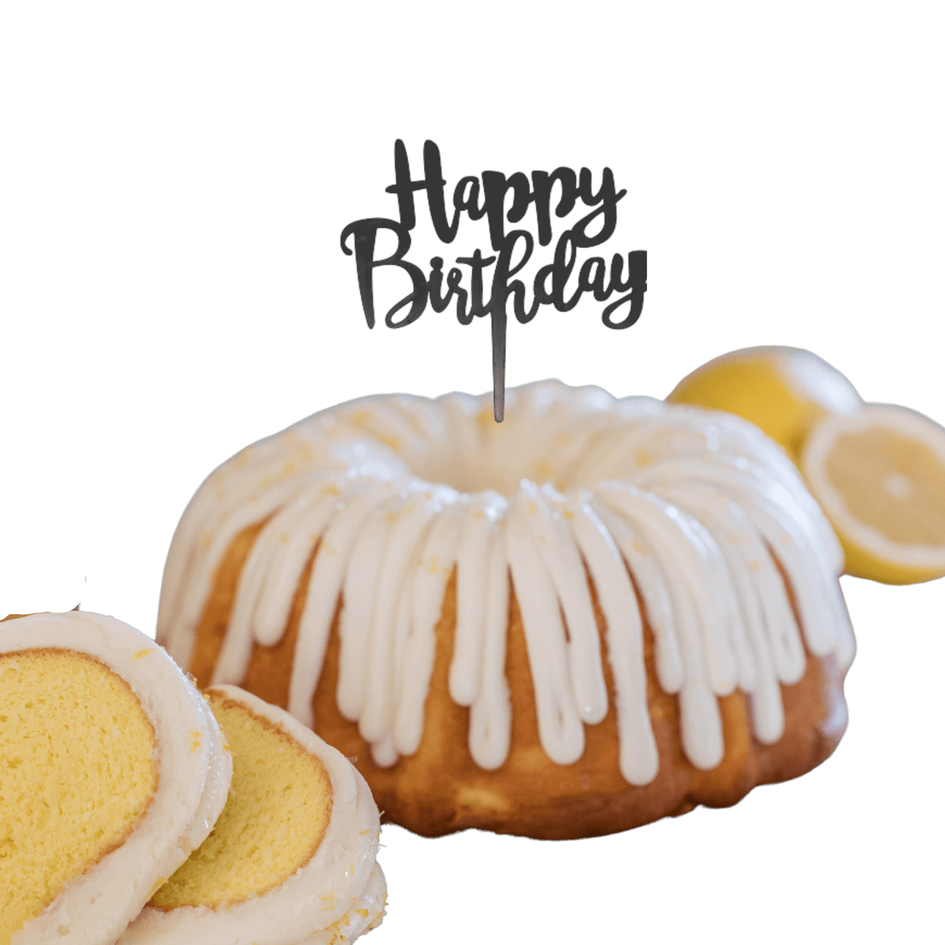 Lemon Squeeze Black "HAPPY BIRTHDAY" Cake Topper & Candle Holder Bundt Cake