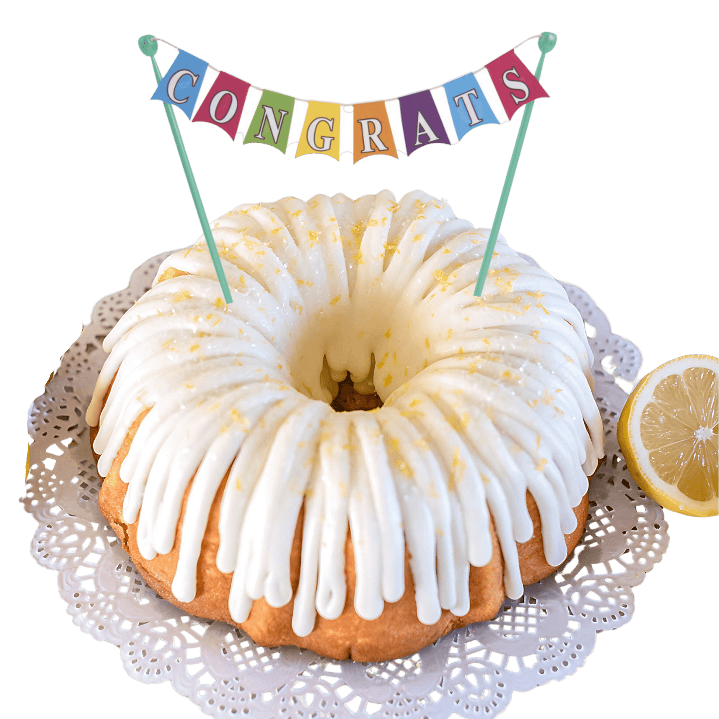 Lemon Squeeze "CONGRATS" Cake Banner Bundt Cake