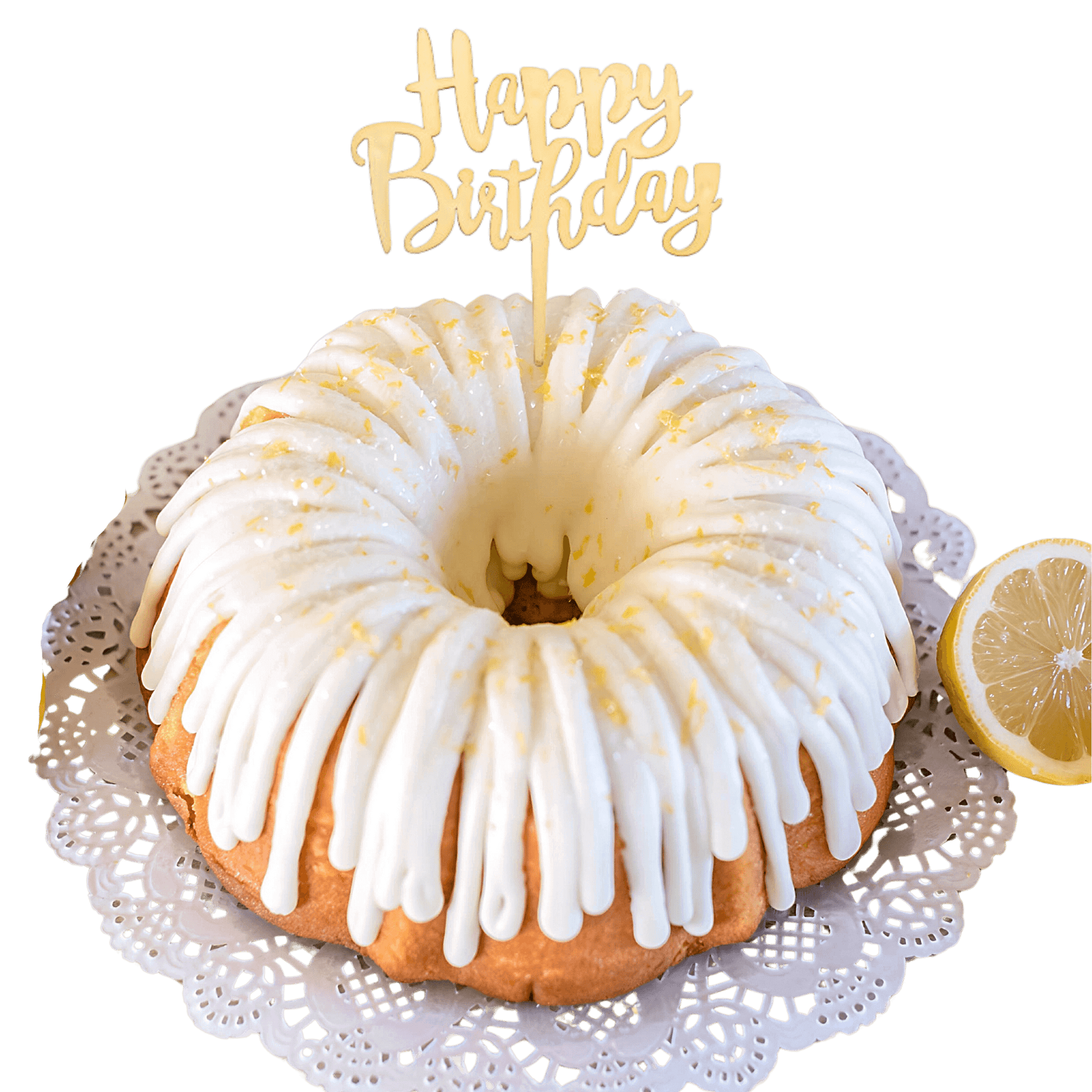 Lemon Squeeze Gold "HAPPY BIRTHDAY" Cake Topper & Candle Holder Bundt Cake - Wholesale Supplies