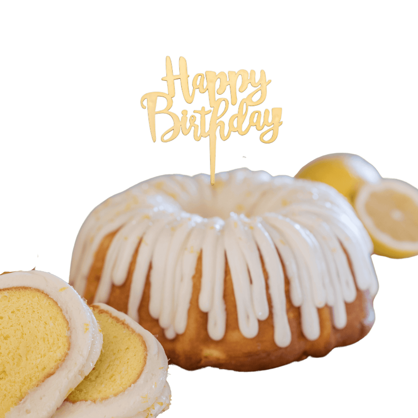 Lemon Squeeze Gold "HAPPY BIRTHDAY" Cake Topper & Candle Holder Bundt Cake - Wholesale Supplies