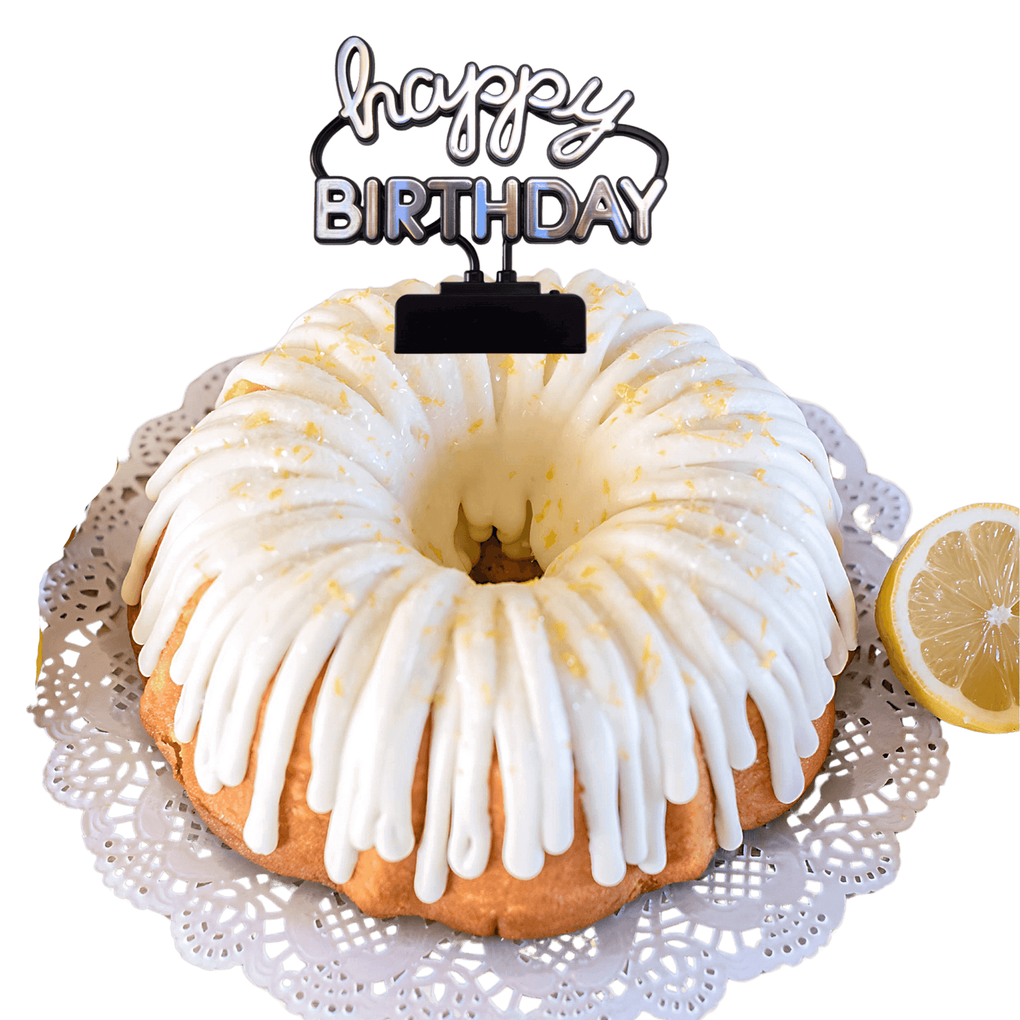 Lemon Squeeze "HAPPY BIRTHDAY" Neon Sign Bundt Cake