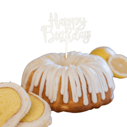 Lemon Squeeze Silver "HAPPY BIRTHDAY" Cake Topper & Candle Holder Bundt Cake
