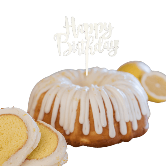 Lemon Squeeze Silver "HAPPY BIRTHDAY" Cake Topper & Candle Holder Bundt Cake - Wholesale Supplies