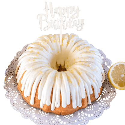 Lemon Squeeze Silver "HAPPY BIRTHDAY" Cake Topper & Candle Holder Bundt Cake