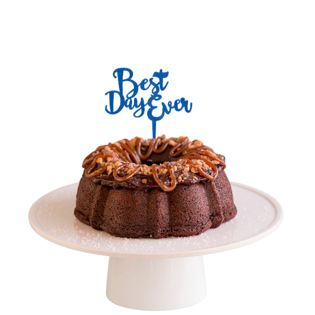 Brunette Salted Caramel Blue "BEST DAY EVER" Candle Holder Bundt Cake