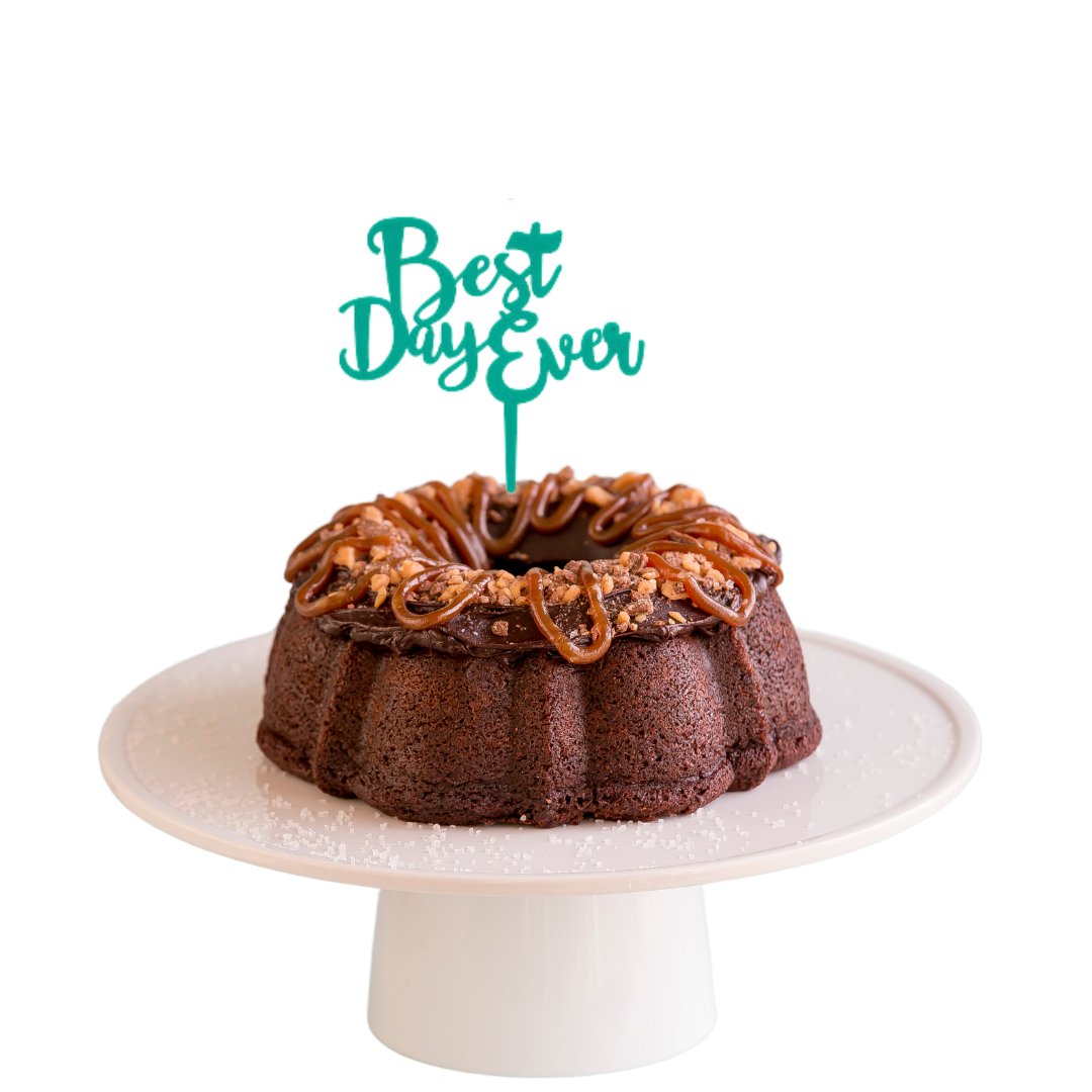 Brunette Salted Caramel Teal "BEST DAY EVER" Candle Holder Bundt Cake