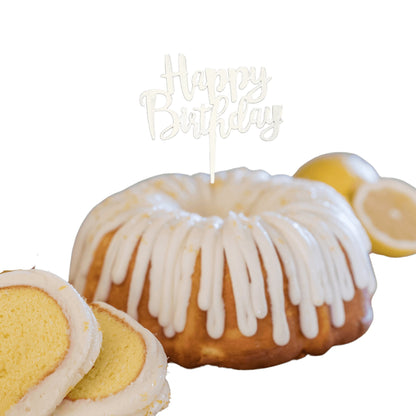 Lemon Blueberry Silver "HAPPY BIRTHDAY" Cake Topper & Candle Holder Bundt Cake