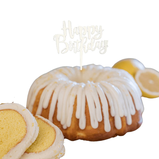 Lemon Blueberry Silver "HAPPY BIRTHDAY" Cake Topper & Candle Holder Bundt Cake