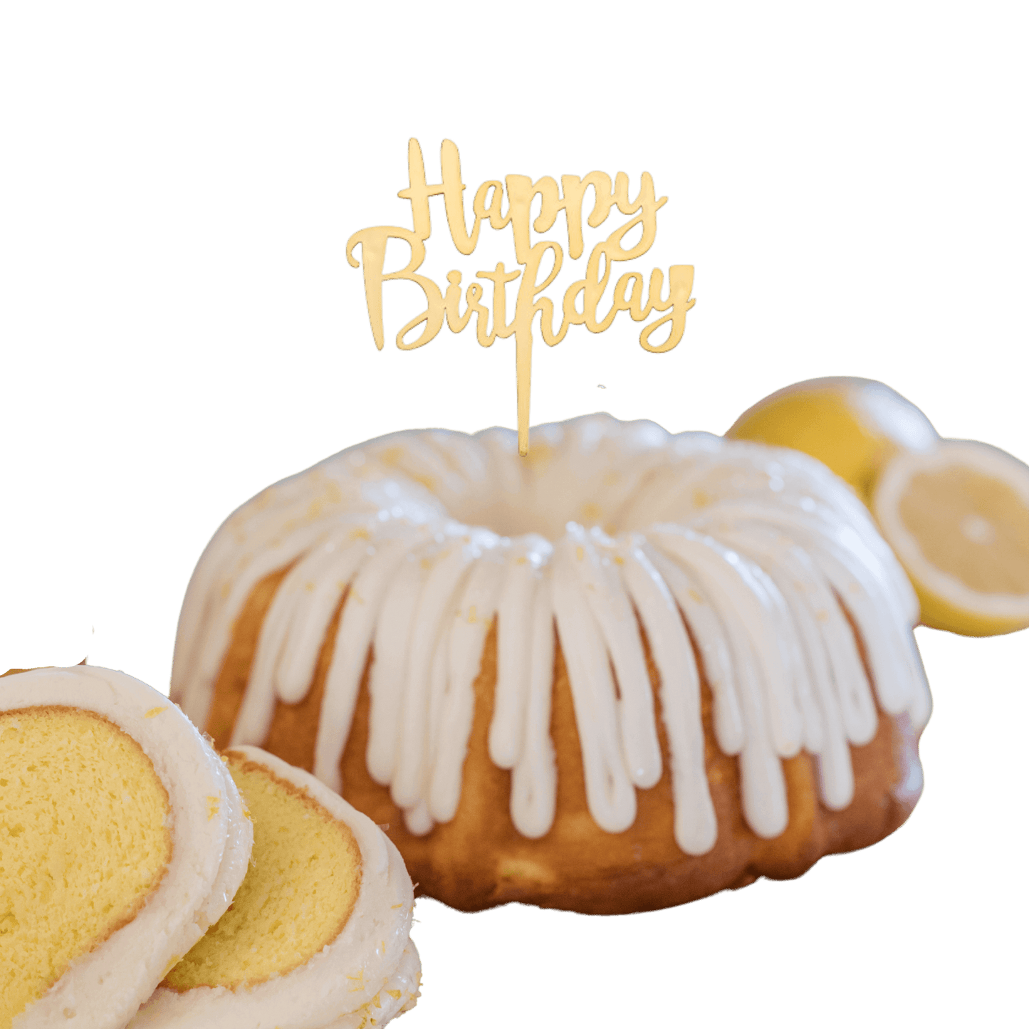 Lemon Squeeze Gold "HAPPY BIRTHDAY" Candle Topper Bundt Cake