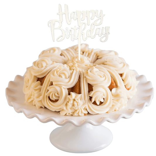 Raspberry Truffle Silver "HAPPY BIRTHDAY" Cake Topper & Candle Holder Bundt Cake